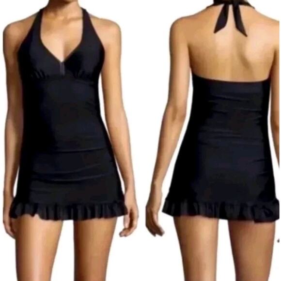 Assets Spanx 1-PC Skirted Swimsuit/Halter Dress XL Black Tummy Control Modest - Picture 2 of 9